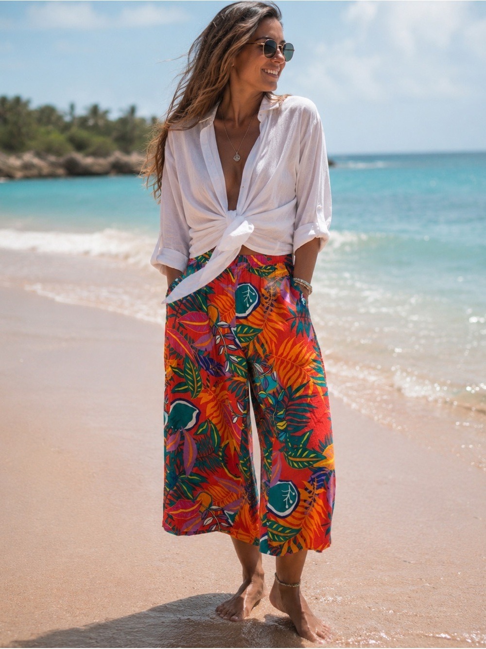 C&C California 100% Linen Cropped Wide Leg Floral Tropical Pant Vacation Cruise
